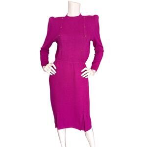 St. John Vintage Santana Knit Dress Size 6 Fuschia Long Sleeve Midi Enamel Studs